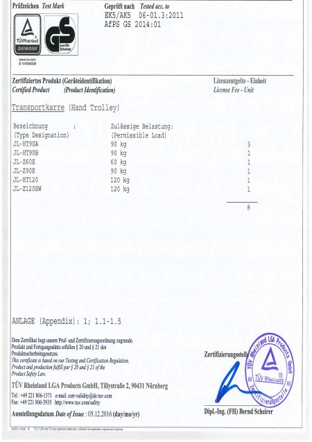 Handwagen GS-Mark Prüfbericht